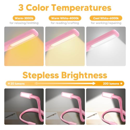 Neck Light, Stepless Dimming Reading Light for Book Lover Gifts | 3 Colors Book Light Dual Lamps, 80H Lasting, Hands-Free Knitting, Crochet, Sewing, Crafting, Crafts Gifts for Women Mom Wife - color: Pink