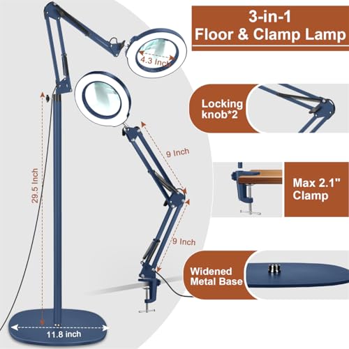 LANCOSC 15X Magnifying Glass with Light and Stand, 3-in-1 Adjustable Swing Floor Lamp, 5 Color Modes Stepless Dimmable, LED Lighted Hands Free Magnifier & Clamp for Reading, Crafts, Painting - Blue - color: Blue