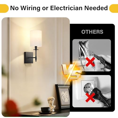 14 inch Battery Operated Wall Sconces Set of 2 with Remote, Rechargeable Wireless Wall Lights with Beige Fabric Shade, Indoor Not Hardwired Dimmable for Bedroom Living Room Decor - color: Flax and Black, size: 14.5 inch