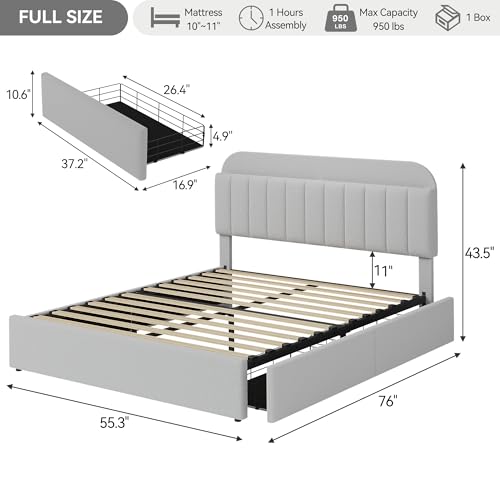 GarveeHome Full Bed Frame, Platform Bed with Storage Headboard & Drawers | Boucle Upholstered Bed Frame, Bookcase Headboard, No Box Spring Needed, Easy Assembly, Light Gray - color: Light Gray, size: Full