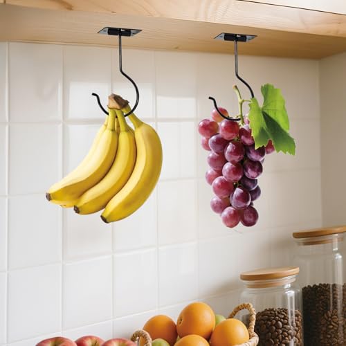 4Pcs Black Self-Adhesive Banana Hook, Grape Hook, Kitchen Fruit Hooks, Banana Hanger, Keep Bananas Fresh Under The Cabinet, with Magnetic Absorption Storage Perfect Design - color: Black, size: 4 Pieces