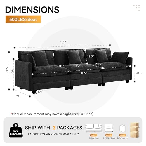 111'' Sectional Cloud Deep Seat Couch, Modern Comfy Chenille Modular Sectional Sofa for Living Room Set, Upholstered Modular 3-Seats Sofa Couch, Dark Grey - color: Dark Grey, size: 111'' 3 Seats