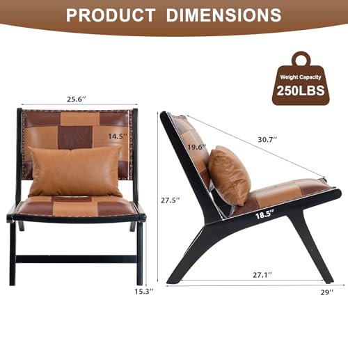 Mid-Century Modern Accent Chair, Low-Profile Lounge Chair with Solid Wood Frame, Faux Leather Upholstered Patchwork Design for Living Room, Bedroom & Reading Corner(Antique Brown) - color: Antique Brown