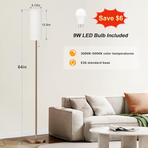 64" Floor Lamp with Bulb & Lampshade & Chain Switch, Beige & Brown | 3 Color Temperature,9W LED bulb,Minimalist Floor Lamp,Tall Pole Lamps,Living Room,Bedrooms,for Study,Office - color: dark beige & brown, size: 64.56 inches 1PCS