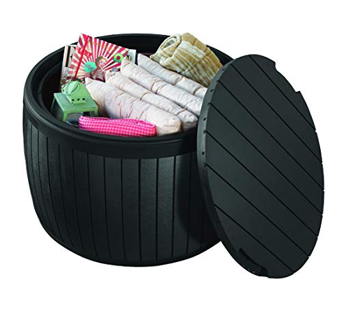 Keter Circa 37 Gallon Wood Panel Style Round Outdoor Deck Box and Storage Table, Grey - color: Grey