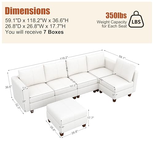 MINCETA Modular Sectional Sofa, Modern Comfy Sofa with Upholstered and Storage Ottoman for Living Room,Bedroom(White, 5 Seat L Shape+1 Ottoman) - color: White, size: 118.2"W*59.1"D + 26.8"W*26.8"D