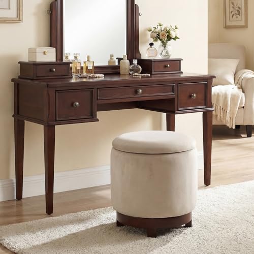 GIANTEX Round Ottoman with Storage, 360° Swivel Velvet Vanity Stool with Removable Lid, Wood Frame & Legs, Ottoman Foot Rest for Living Room, Bedroom, Makeup Room No Assembly (White & Walnut) - color: White & Walnut