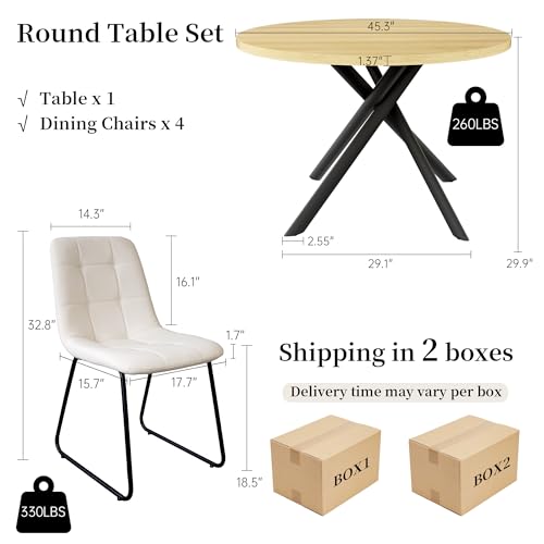 HIPIHOM 45.3 Inch Round Dining Table Set for 4, Mid Century Modern Small Coffee Set for Dining Room Kitchen Apartment (Cream Table + 4 U-Shaped White Chairs) - color: Cream Table+4 U-shaped White Chairs