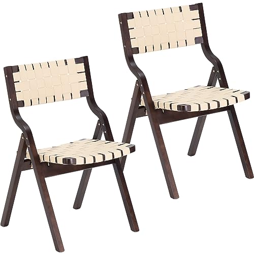 Wood Folding Chairs, Foldable Chairs Wooden Indoor Stackable Dining Chairs for Kitchen & Dining Room Chair Woven Seat & Webbing Back, Dining Chair Set of 2 - color: Brown Walnut/Beige, Pu Leather