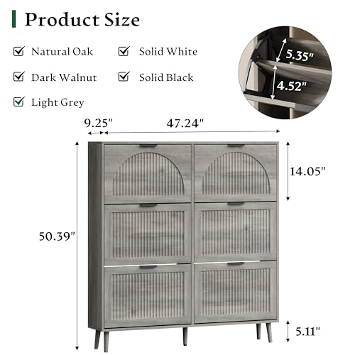 Xixini Shoe Storage Cabinet with 6 Flip Drawers, 50" Tall Narrow Wood Fluted Shoe Organizer for Entryway, Freestanding Wooden Hidden Slim Shoe Rack for Front Door Entrance, Hallway, Foyer, Light Grey - color: Light Grey, size: 6 Flip Drawers