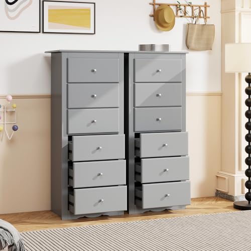 GIANTEX 6-Drawer Dresser for Bedroom, Wooden Chest of Drawers w/Metal Handles & Large Capacity, 16" D x 23" W x 53.5" H Clothes Organizer, Modern Tall Dresser for Bedroom, Entryway, Living Room - color: Grey