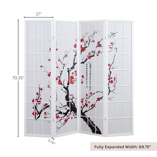 Roundhill Furniture White Japanese 4-Panel Screen Room Divider, Plum Blossom - color: White
