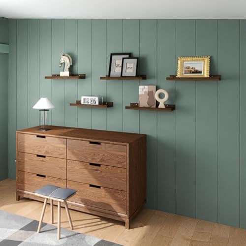 RICHER HOUSE 5-Set Floating Shelves with Lip, Walnut Wall Mounted Shelf | Display Picture Ledge Shelf, Anti-drop lip Shelf for Room Wall Decor, Bedroom Bathroom Storage Nursery Books, Easy Setup 16in - color: Walnut