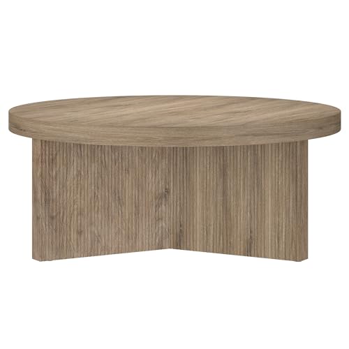 Henn&Hart 36" Scandinavian Fluted Coffee Table, Weathered Gray | Ribbed pedestal base and low profile bring Scandinavian style to small spaces including living rooms or family rooms - color: Weathered Gray, size: 36 inches