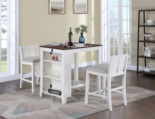 Lilola Home Graham 3-Piece White Finish Small Space Counter Height Dining Set with USB Charging Ports, Storage Shelves, and 2 Cream Upholstered Chairs — Compact Dining Furniture for Apartments - color: White