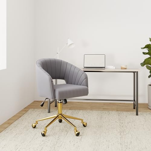 Vanity Chair Velvet Desk Chair with Gold Base for Living Room,Gray | Accent Armchair Upholstered Modern Tufted Chairs for Girls Women Ergonomic Study Seat Computer Task Stools for Bedroom - color: Light Gray