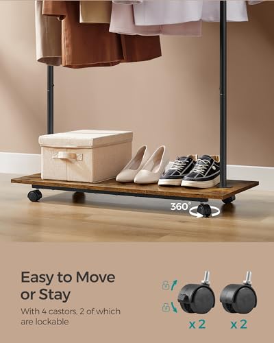 SONGMICS Clothes Rack with Wheels, Clothing Rack for Hanging Clothes, 38.8 Inches Metal Garment Rack with Shelf, Loads up to 110 lb, for Bedroom, Closet, Rustic Brown and Ink Black UHSR151B01 | Clothing Rack for Hanging Clothes, 38.8 Inches, Loads up to 1