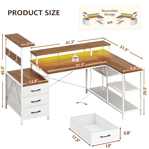 L Shaped Gaming Desk with Drawers & Storage Shelves for Game, Home Office | Corner Gaming Desk with Power Outlets & LED Light, Reversible Computer Desk with Monitor Stand & Hooks, Brown & White - color: Antique White