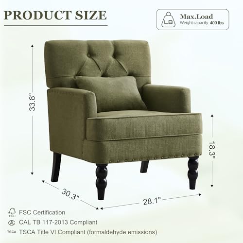 HUIMO Accent Chair, Tufted Upholstered Club Chair, Olive Green | Tufted upholstered club chair with lumbar pillow and solid wood legs. Suitable for living rooms, bedrooms, and reading nooks. - color: Green