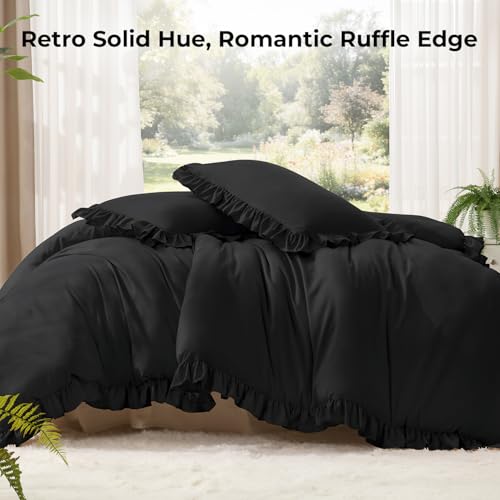 Litanika King Comforter Set, 3 Pieces Black Ruffle Bedding Set | Farmhouse Shabby Chic Aesthetic Soft Fluffy Lightweight Breathable Bed Set for Girls Women Room Decor Gift All Season - color: 11 - Black, size: King (104"x90")