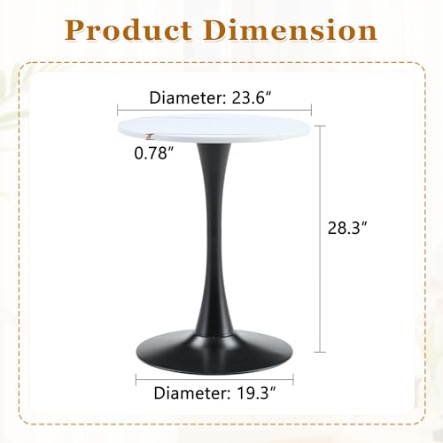 23.6 Inch Round Tulip Dining Table, Modern Pedestal Base Kitchen Table for Small Spaces, Cafe, Living Room - White