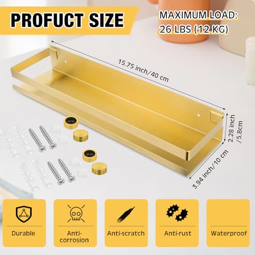 Lallisa 2 Pieces Stainless Steel Shelf Bathroom Shower Floating Shelves Wall Mounted Shower Caddy Basket Shelf Storage Organizer Shelves for Bathroom, Kitchen, Living Room(15.75 Inch/ 40 cm,Gold) - color: Gold, size: 15.75 Inch/ 40 cm