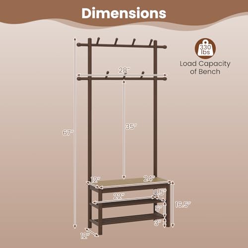 GIANTEX 3-in-1 Hall Tree with Bench and Shoe Storage, 11 Hanging Rods,Brown | Bamboo Coat Rack Freestanding w/ PE Rattan Bench & 3-Tier Shoe Rack, Narrow Mudroom Storage Organizer for Entryway Bedroom - color: Brown