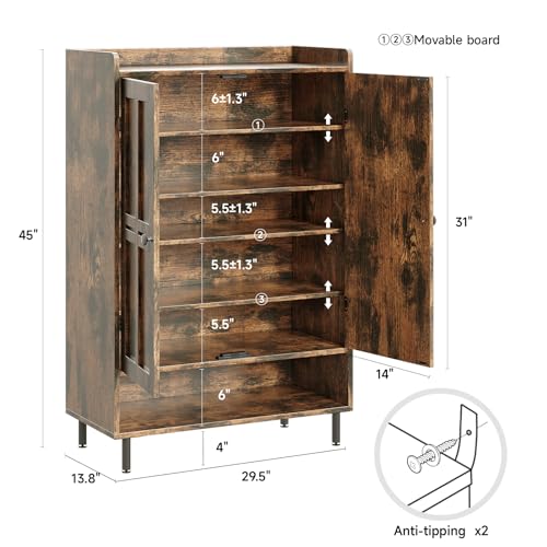 Shoe Cabinet with Cross Molding Doors, 6-Tier Storage, Brown | 45'' Tall Shoe Storage Organizer with 3 Adjustable Shelves & Metal Legs, Freestanding Wood Shoe Rack for Entryway, Front Door - color: Brown