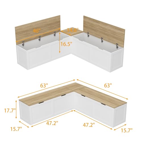 L Shaped Breakfast Nook Bench with Hidden Storage, 63 Inch Corner Dining Bench for Small Kitchen, Breakfast Nook for Dining Room, Entryway, Oak 63”L x 63”W x 17.7”H - color: Oak and White