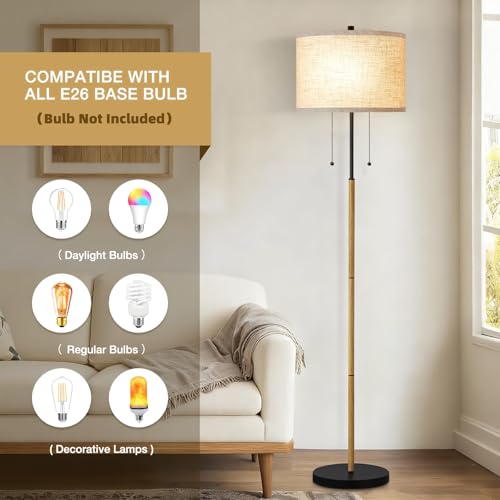 Luvkczc Floor Lamp, 62" Standing Lamp Tall Lamp with Fabric Lampshade&Pull Chain Corner Floor Lamps for Living Room, Bedroom,Office, Wood Grain 2 Bulb Socket - color: Black+Wood Grian