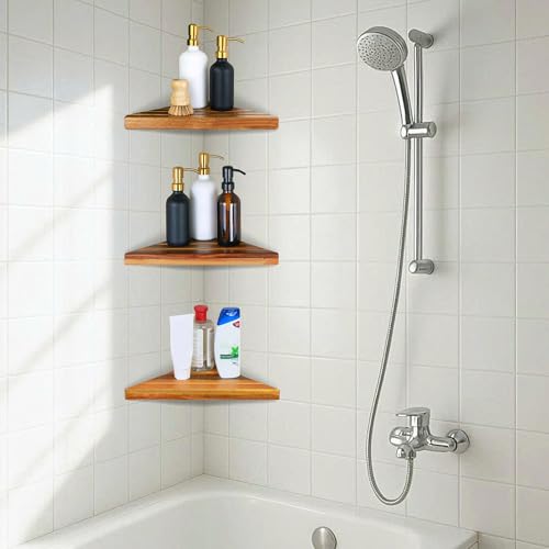 ENKEZI Acacia 2,3 Tiers Corner Shower Shelf, Triangular Corner Shelf Wooden Bathroom Shelf for Tiled Wall, Shower Corner Shelf, No Drilling Requied (3)