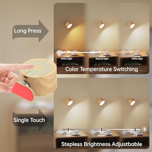 AKSDA Battery Operated Wall Sconces Set of 2, Magnetic Cordless LED Wall Lights with 3 Color Temp & Dimmable Touch Control, 360° Rotating Rechargeable Wall Lamp, Reading Light for Bedroom & Bedside - color: Wood-2PC