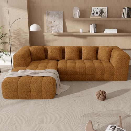 107" Boneless Couch with L - Shaped Chaise, Modern Chenille Modular Sectional Sofa with Tufted Design, Comfy Upholstered Sofa, No - Assembly Sectional Couch, Orange-Brown - color: Orange-brown