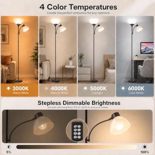 GERGO 2-in-1 Torchiere Floor Lamp, 11W+7W 2100LM Super Bright Dimmable LED Lamp with Remote & Touch Control, 3000K-6000K Adjustable Tall lamp for Living Room, Bedroom, (Matte Black) - color: Matte Black
