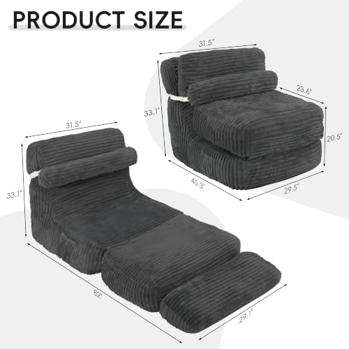 XVD 82" Extra Long Folding Sofa Bed with Pillow, Convertible Sleeper Chair, 2 in 1 Folding Chair Bed with Side Pocket Thick Corduroy Convertible Couch Bed for Office, Guest Room, Dorm, Apts - color: Dark Gray