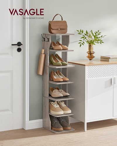 VASAGLE 7-Tier Vertical Shoe Rack, Narrow Shoe Storage Organizer with Hooks, Slim Corner Tower Shelf, Space-Saving for Entryway and Bedroom, Heather Greige ULBS200L01 - color: Heather Greige, size: 7 Tiers (10.4"W)
