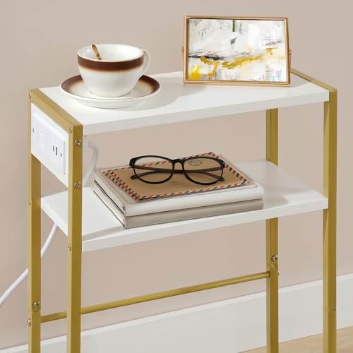 HOOBRO Small Narrow Side Table with Charging Station, Skinny End Table for Small Spaces, Slim Nightstand with USB Ports Outlet, Sofa Beside Table with Storage Shelf, White and Gold DW102UBZ01 - color: Gold + White