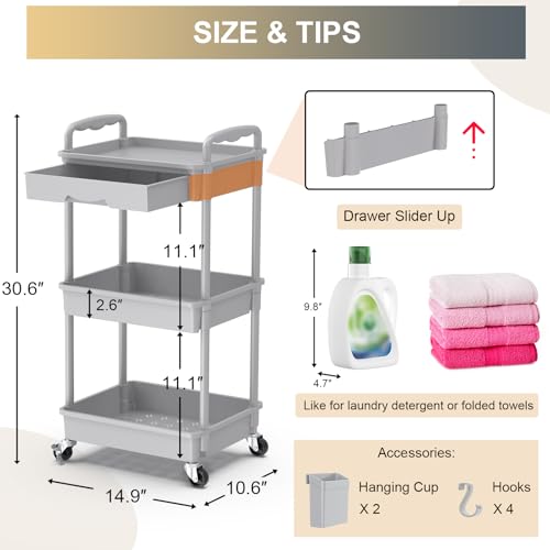 Goovilla 3 Tier Rolling Utility Cart Organizer with Removable Drawer, Grey | Stable and Sturdy Rolling Storage Carts with 2 Lockable Wheels for Bathroom, Kitchen, Snack, Craft, Makeup, Baby Essentials - size: 3 Tier, style: Gray