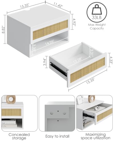 Modern Floating Nightstand with Drawer, Wall Mount Shelves, White Rattan | Small Space Saver, Modern Minimalist Design, Wall Mounted Shelves, for Bedroom, Bathroom, Living room, Easy Assembly, Rattan - color: White Rattan