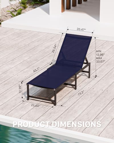 Aluminum Outdoor Chaise Lounge, 5Position Textilene Chair,Navy Blue | Rust-proof aluminum frame; UV quick-dry Textilene mesh; 5-position recliner; supports 400 lbs, built-in armrests - color: Navyblue, size: 1 Chair