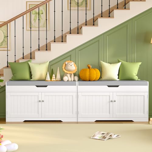 2-Tier Storage Bench, Shoe Bench with Adjustable Shelf & Lift Top Storage, Entryway Bench with Cushioned Seat,13.8"D x 36.2"W x 19.7"H, Shoe Organizer for Entryway, Living Room, Bedroom, White - size: 13.7"D x 36.2"W x 19.6"H
