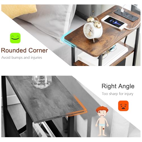 Narrow End Table with Charging Station, Small Nightstand | Skinny Side Tables Living Room with 2 Fabric Drawers, Slim Bedside Table for Bedroom, Small Spaces, Couch, Brown - color: Rustic Brown + Black, size: 23.22''H (2 Drawers), style: Power