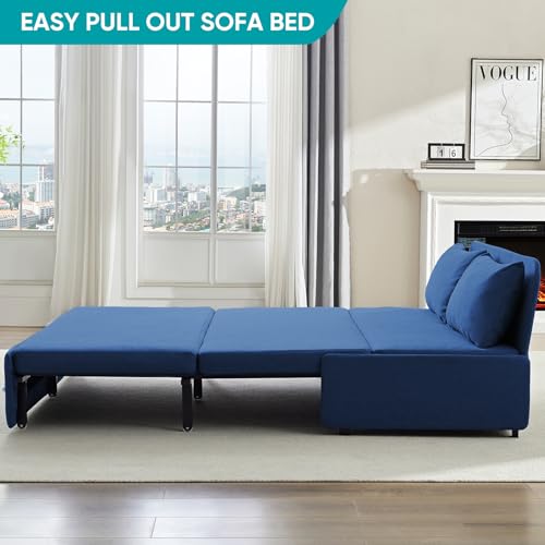 BALUS 43" W Queen Size Sleeper Couch Bed Pull Out Sofa with Pullout Beds, 2 in 1 Convertible Linen Single Sleepers Sofas Chair with Foldable Mattress and Pillows for Small Space Apartment, Blue - color: Blue, size: Queen