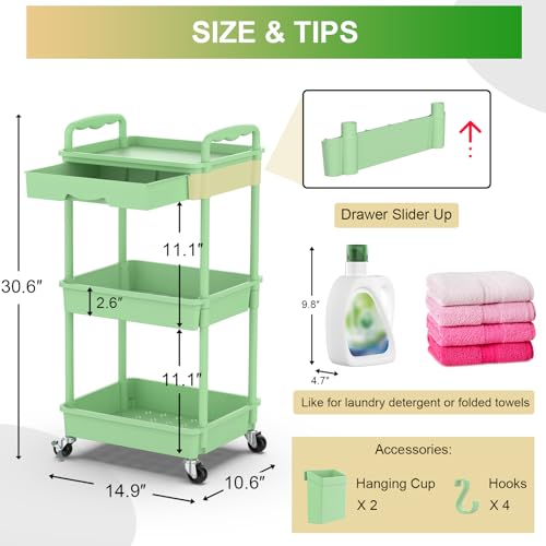 Goovilla 3 Tier Rolling Utility Cart Organizer with Removable Drawer, Green | Stable and Sturdy Rolling Storage Carts with 2 Lockable Wheels for Bathroom, Kitchen, Snack, Craft, Makeup, Baby Essentials - size: 3 Tier, style: Green