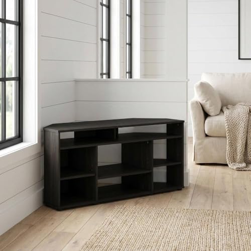 Furnifact Espresso Corner TV Stand for Up to 55 Inches, Rubberwood Solids and Cathedral Walnut Veneers, Solid and Manufactured Wood, Stylish Storage Solution - color: Brown