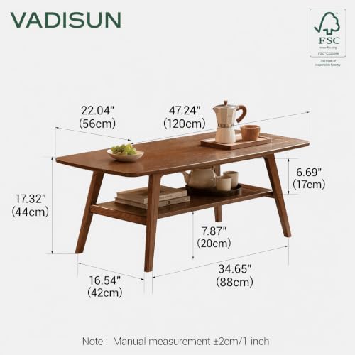 100% Solid Wood Coffee Table for Living Room, Mid Century Modern Small Tables with Shelf Storage, Storage Coffee Table with Rounded Corners (Oak Wood Walnut Color, 47.24" L) - color: Walnut, size: 47.24"L x 22.05"W x 17.32"H
