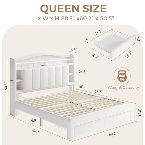 Queen Size LED Bed Frame with Storage Headboard, Upholstered Velvet Wood Princess Bed for Girls with 5 Charging Ports (USB-C & AC), Hidden Compartment, Sturdy Aluminum Frame & 2 Silent Drawers Beige - color: Beige, size: Queen (U.S. Standard)