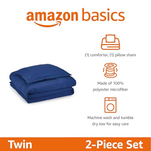 Amazon Basics 2-Piece Soft Microfiber Kid's Comforter and Pillow Sham Set, Twin, Navy, Solid - color: Navy, size: Twin
