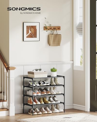 SONGMICS Shoe Rack, Space-Saving, Entryway, Metal Frame | Space-Saving Shoe Storage Organizer, Non-Woven Fabric Shelves, ULSH024BH01 - color: Ink Black, size: 4 Tiers (24.5"W)