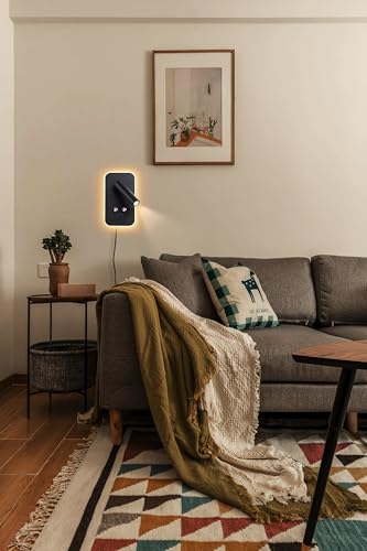 Wall-Mounted LED Bedside Reading Light Plug-in, with USB Charging Port, Stepless Touch Dimming, 3000K Warm Ambient Lighting Wall Lamp Sconce for Bedroom, Eye-Caring Bedroom Lighting (Black) - color: Black (with plug)